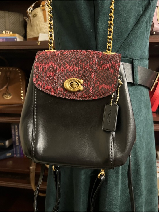 Coach Handbags - Coach Parker Black Leather Backpack with Red Python-Print Flap and Gold Hardware